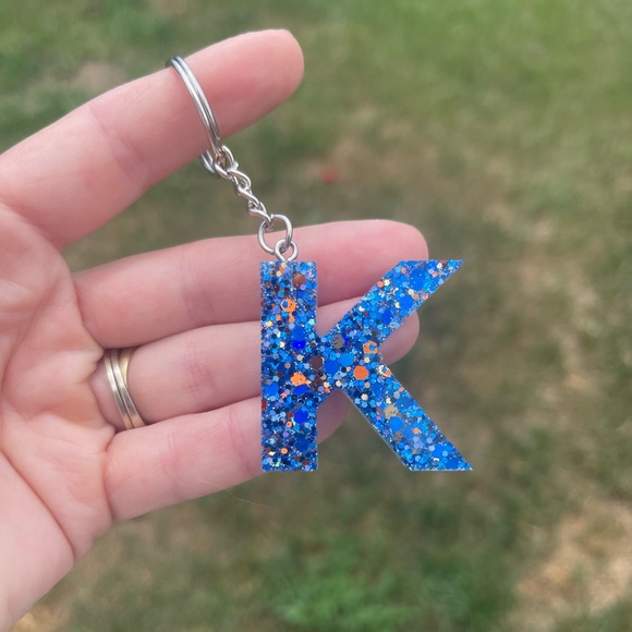 Blue Letter K Initial Keychain Handmade With Resin - Picture 4 of 5